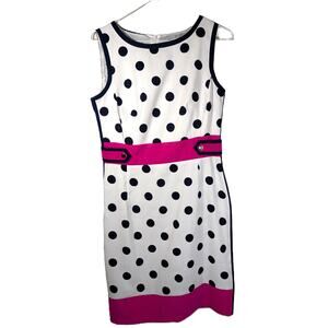 AGB Polka Dot Sheath Dress White Navy With Hot Pink Waist Detail Size 6